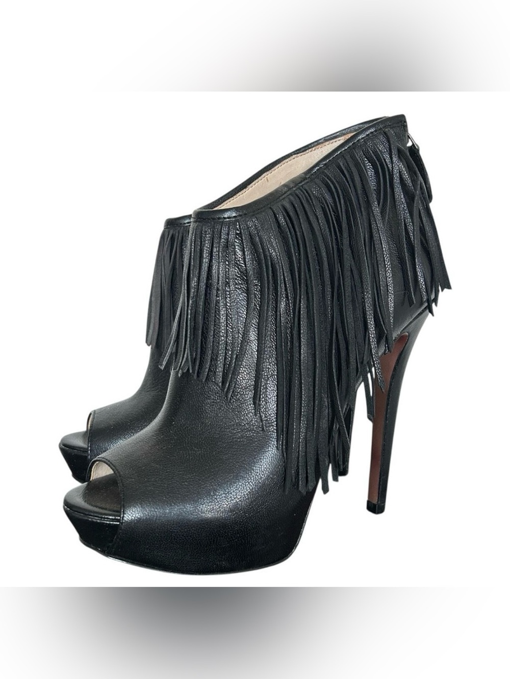 Y2K “Boutique 9” Black Leather Fringe Trim Peep-Toe Heeled Ankle Boots